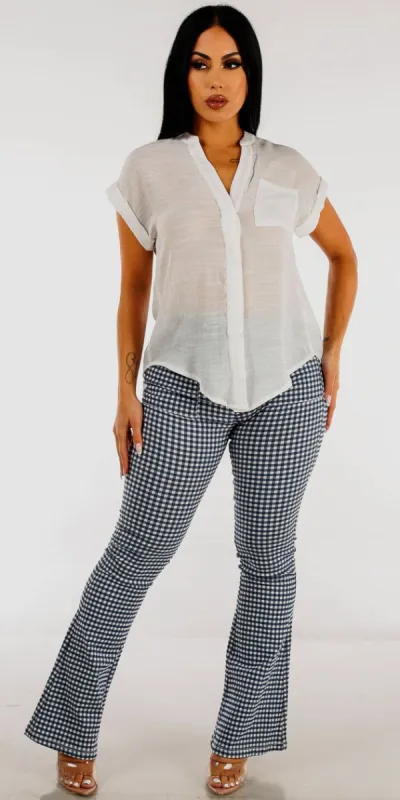 High Rise Blue Checkered Flared Pants with White Lightweight Button Up Shirt sold by Moda