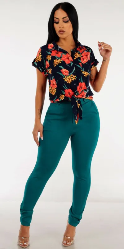 High Waisted Teal Dressy Skinny Pants with Tie Front Floral Button Up Navy Shirt made by Moda