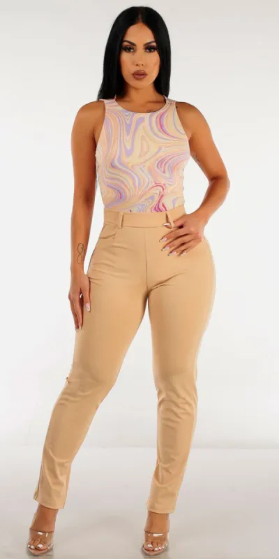 Khaki High Waisted Dressy Skinny Pants with Sleeveless Marble Print Bodysuit sold by Moda