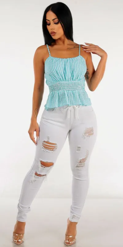 Drawstring Waist White Ripped Denim Skinny Jeans with Peplum Blue Printed Cami Top made by Moda