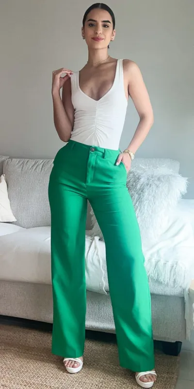 High Waist Green Straight Dressy Pants with Sleeveless Ruched White Bodysuit sold by Moda