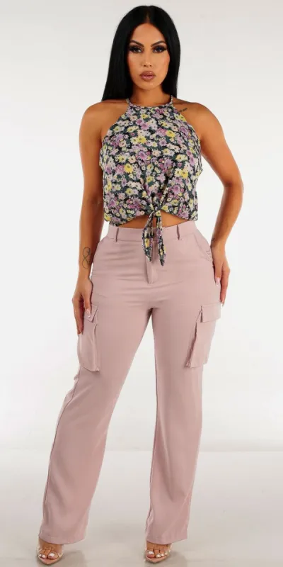 Mauve High Waist Straight Cargo Pants with Tie Front Halter Black Floral Top sold by Moda