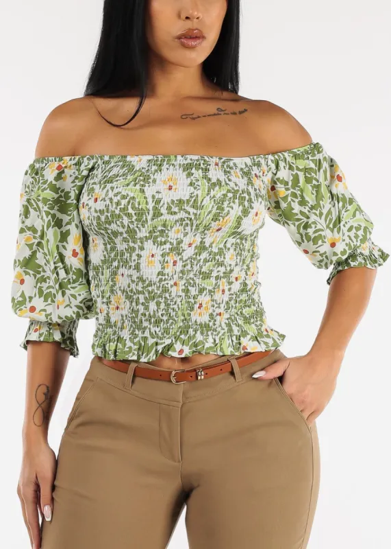 Smocked Off Shoulder Floral Top Green made by Moda