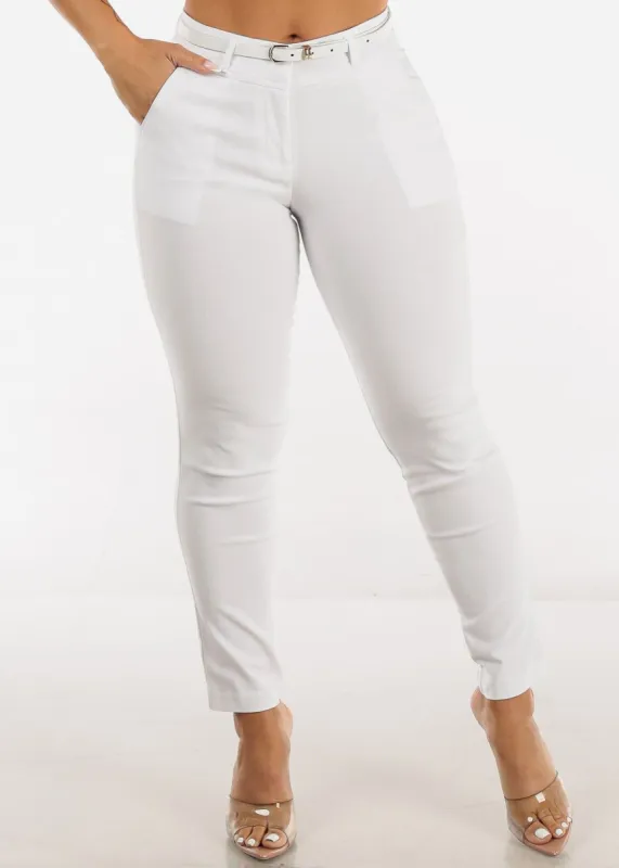 White Mid Rise Dressy Skinny Pants w Belt sold by Moda