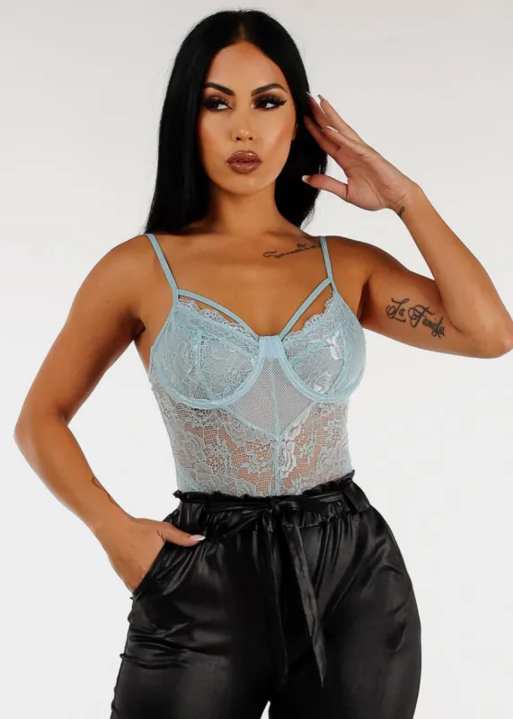 Strappy Floral Lace Thong Bodysuit Light Blue sold by Moda