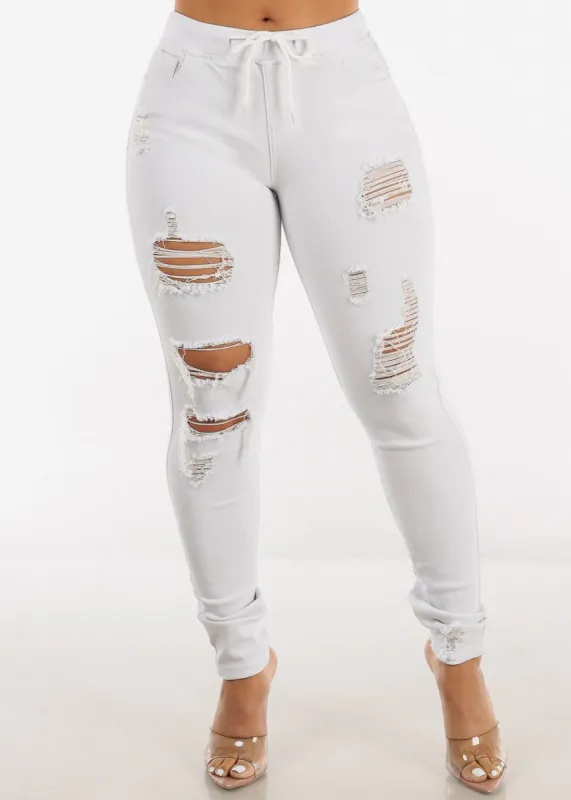 White Drawstring Waist Distressed Denim Skinny Jeans sold by Moda