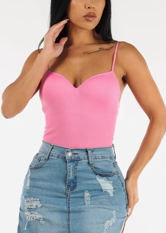 Spaghetti Strap Padded Bust Seamless Crop Top Pink sold by Moda