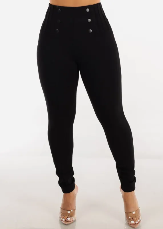 Black Super High Waist Dressy Skinny Pants w Buttons sold by Moda