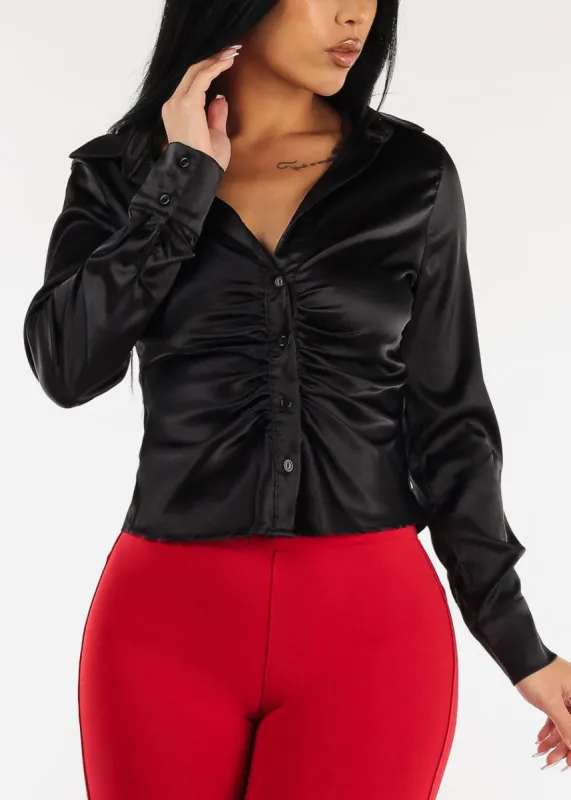 Black Satin Long Sleeve Ruched Button Up Shirt sold by Moda