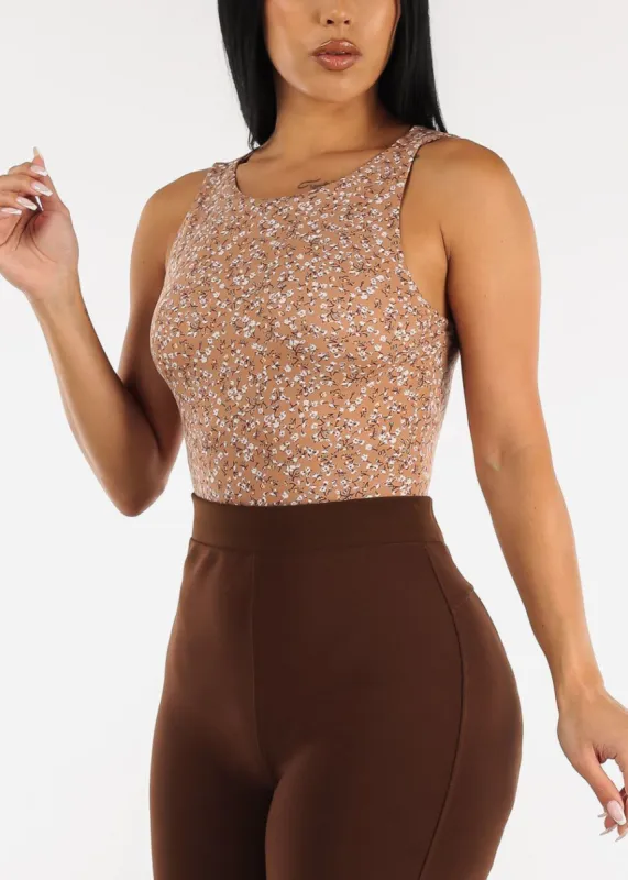 Sleeveless Floral Thong Bodysuit Mocha sold by Moda