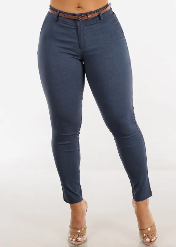 Mid Rise Twill Dressy Skinny Pants Indigo w Belt sold by Moda