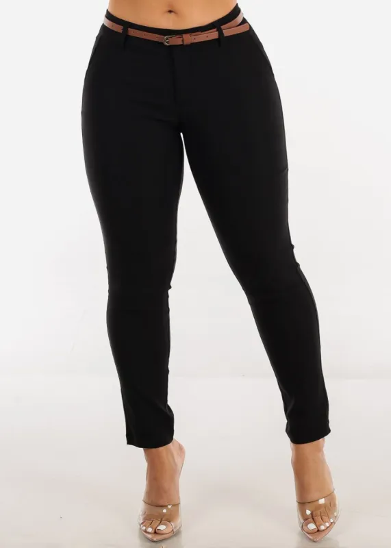 Black Mid Rise Twill Dressy Skinny Pants w Belt sold by Moda