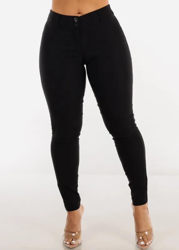 Black Mid Rise 2 Button Dressy Skinny Pants sold by Moda