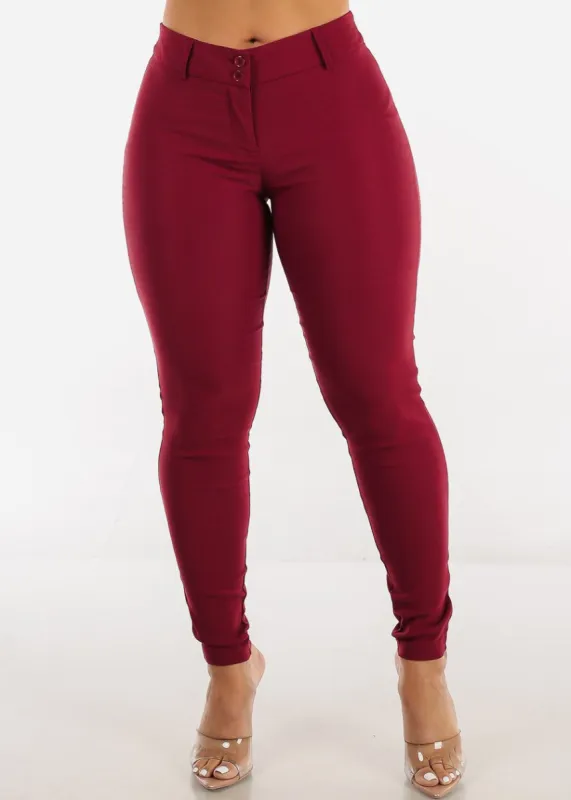 Burgundy Mid Rise 2 Button Dressy Skinny Pants sold by Moda
