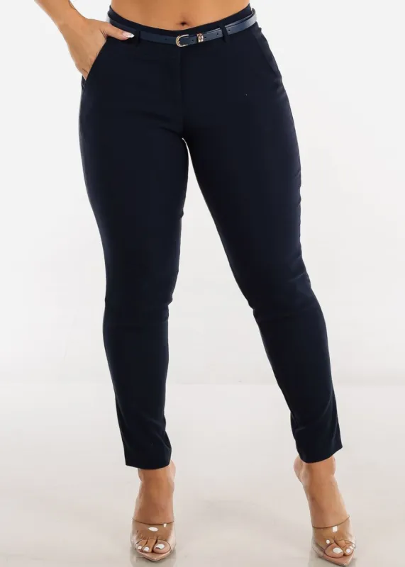 Navy Mid Rise Dressy Skinny Pants w Belt sold by Moda