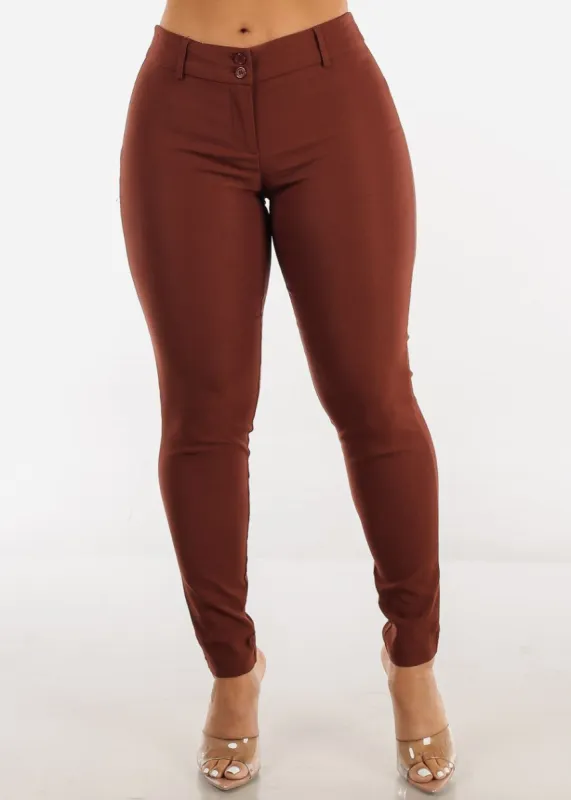 Brown Mid Rise 2 Button Dressy Skinny Pants sold by Moda