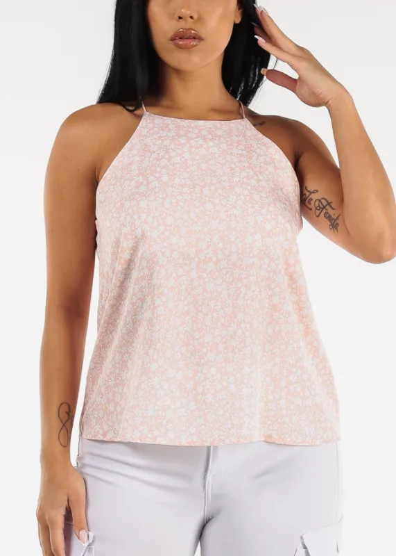 Sleeveless Halter Neckline Floral Cami Top Light Pink sold by Moda