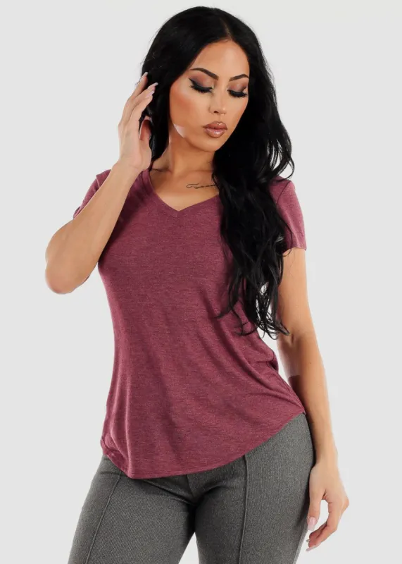 Short Sleeve Round Hem Vneck Top Heather Burgundy sold by Moda