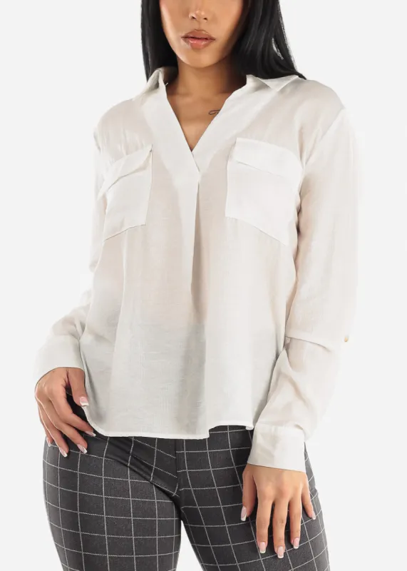 White V Neck Long Sleeve Loose Collared Shirt sold by Moda