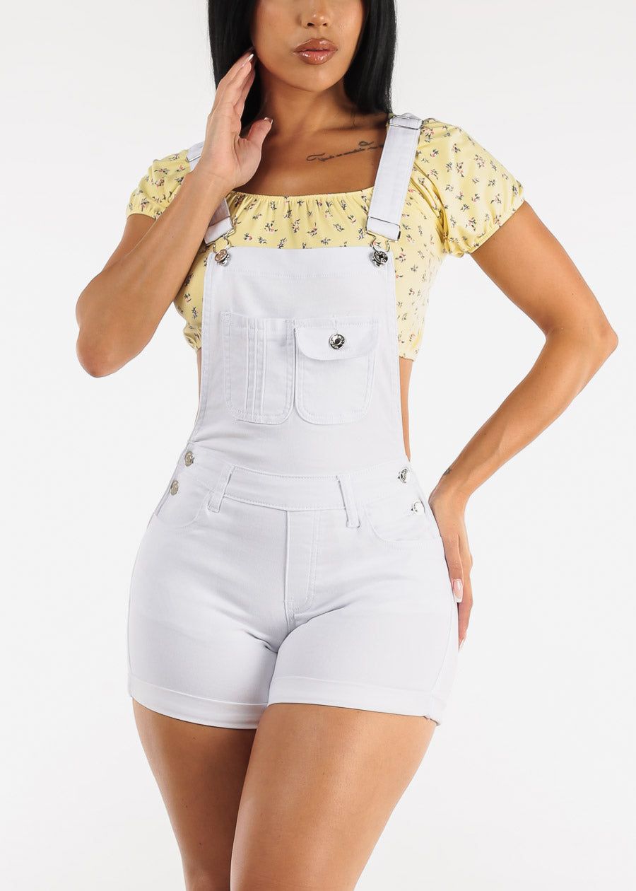 White Cuffed Denim Short Overalls sold by Moda