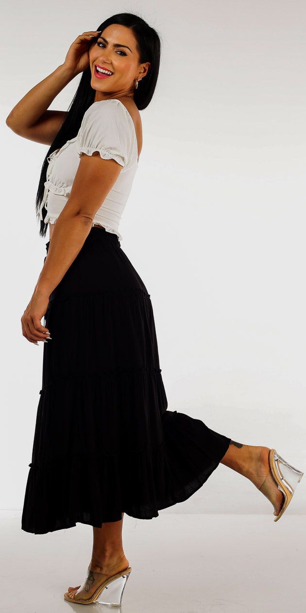 Black Ruffle Tiered Maxi Skirt with White Ruffled Lace Up Crop Top sold by Moda product image thumbnail 2