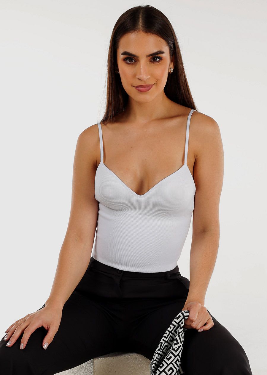 White Spaghetti Strap Padded Bust Seamless Crop Top sold by Moda