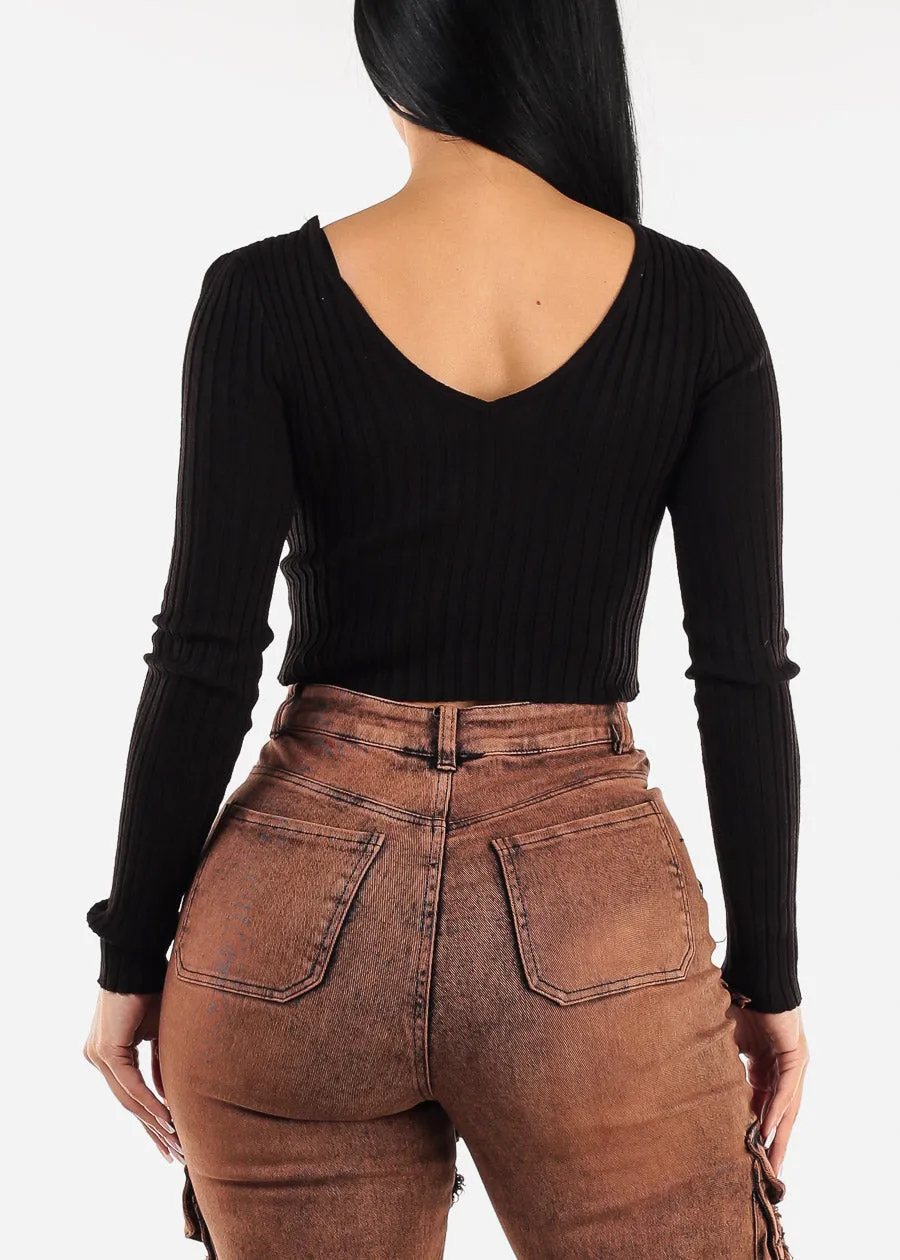 Black Long Sleeve Vneck Cropped Sweater sold by Moda product image thumbnail 4