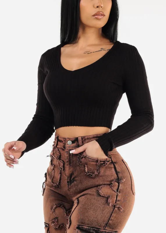 Black Long Sleeve Vneck Cropped Sweater sold by Moda