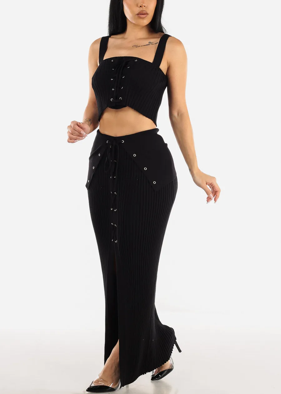 Rib Knit Crop Top & Maxi Skirt Black (2 PCE SET) sold by Moda