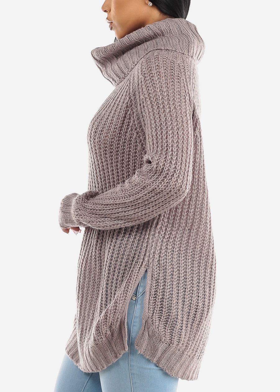 Long Sleeve Turtleneck Knitted Tunic Sweater Purple Grey sold by Moda product image thumbnail 5