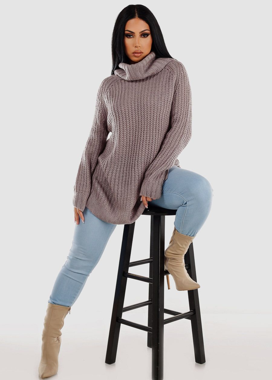 Long Sleeve Turtleneck Knitted Tunic Sweater Purple Grey sold by Moda product image thumbnail 2