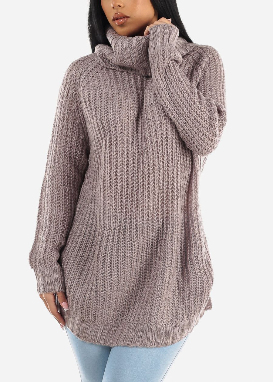 Long Sleeve Turtleneck Knitted Tunic Sweater Purple Grey sold by Moda product image thumbnail 3