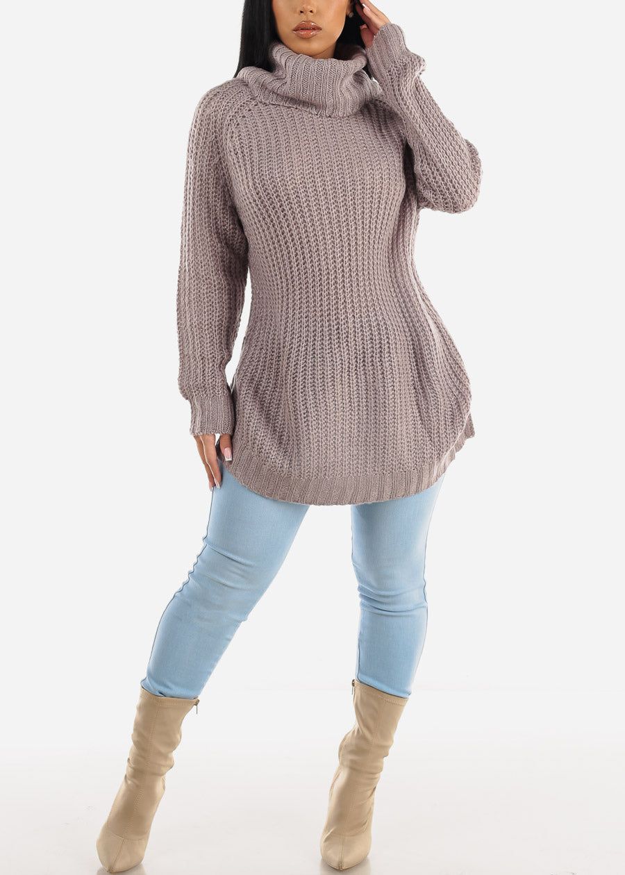 Long Sleeve Turtleneck Knitted Tunic Sweater Purple Grey sold by Moda product image thumbnail 4