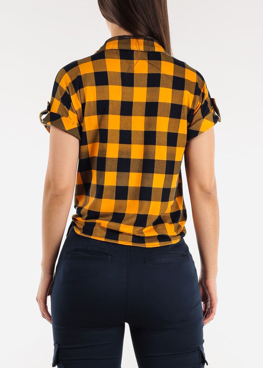 Short Sleeve Tie Front Button Up Plaid Shirt Mustard & Navy sold by Moda product image thumbnail 4