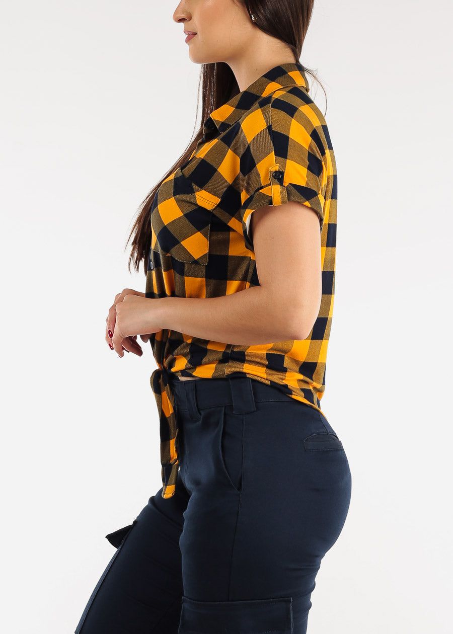 Short Sleeve Tie Front Button Up Plaid Shirt Mustard & Navy sold by Moda product image thumbnail 3