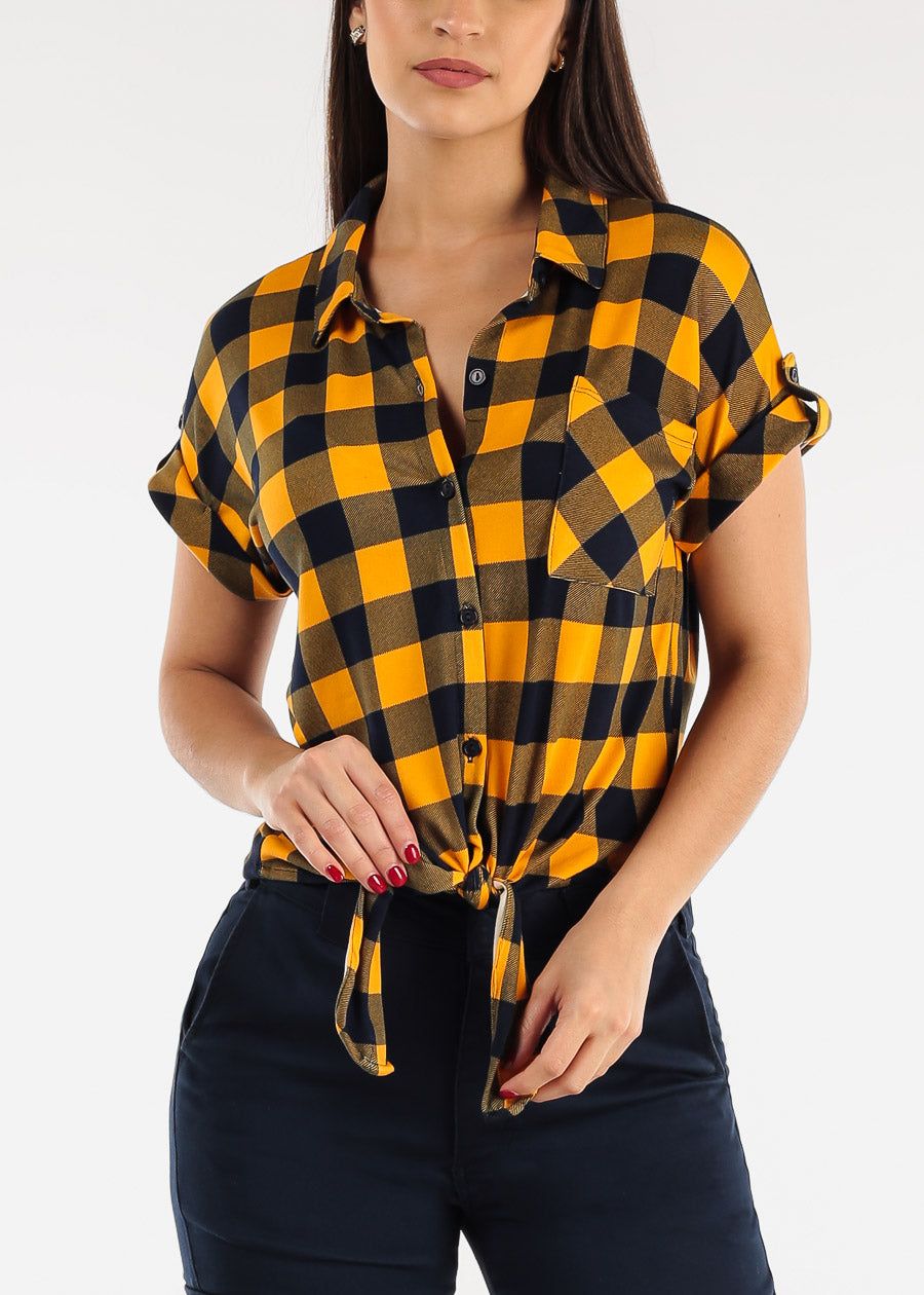 Short Sleeve Tie Front Button Up Plaid Shirt Mustard & Navy sold by Moda
