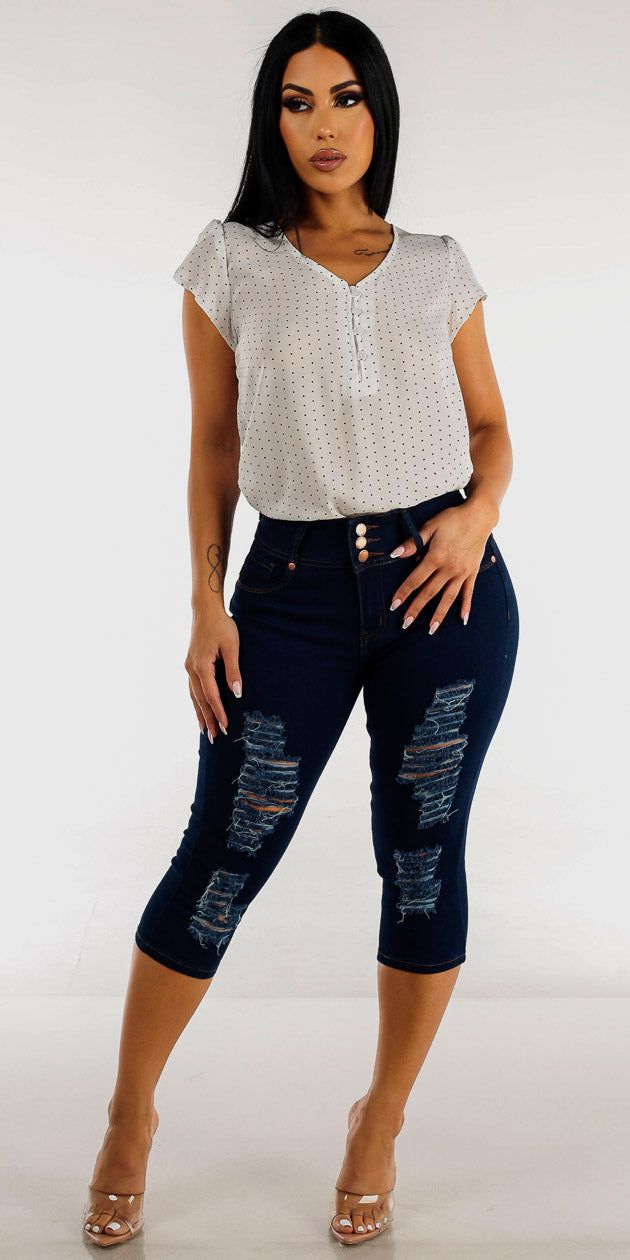 Dark Blue Butt Lift Ripped Denim Capris with Ivory White Short Sleeve Polka Dot Blouse sold by Moda