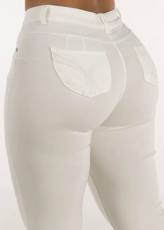 White Mid Rise High Stretch Butt Lifting Skinny Pants sold by Moda