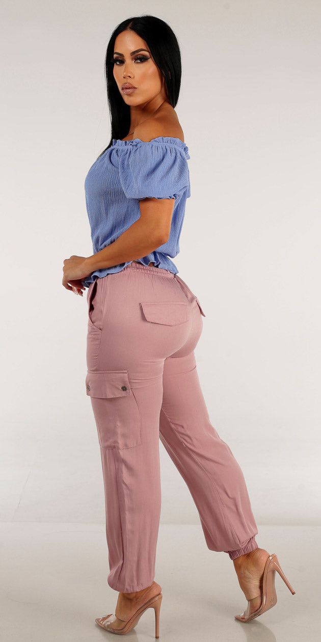 Drawstring Waist Pink Cargo Jogger Pants with Blue Off Shoulder Woven Top sold by Moda product image thumbnail 2