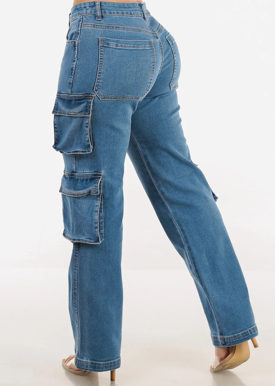 Med Blue Straight Wide Legged Cargo Jeans sold by Moda product image thumbnail 4