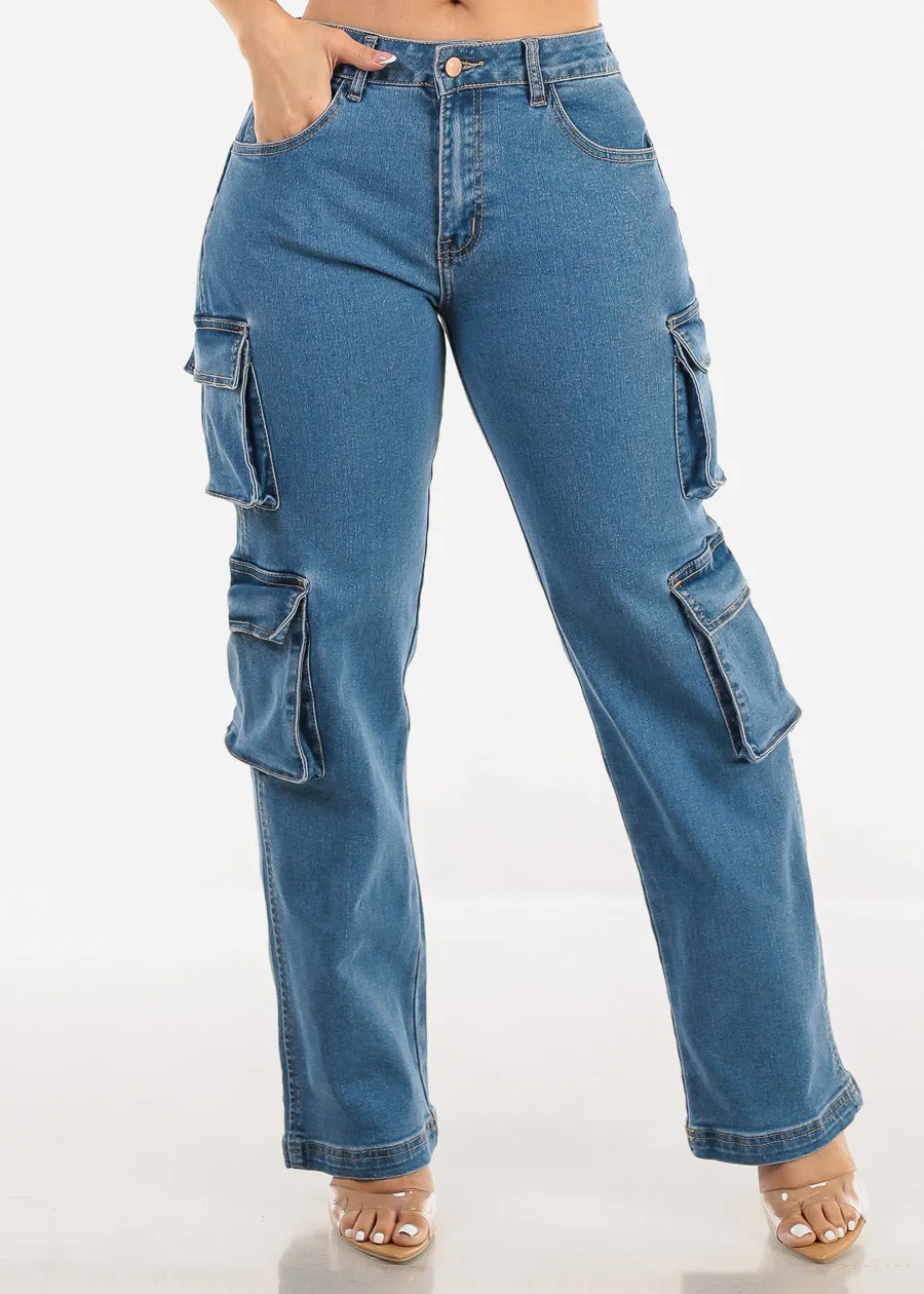 Med Blue Straight Wide Legged Cargo Jeans sold by Moda