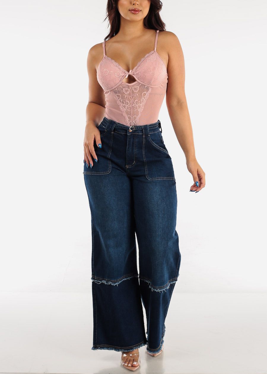 Pink Sleeveless Stripe Mesh & Lace Thong Bodysuit sold by Moda product image thumbnail 5