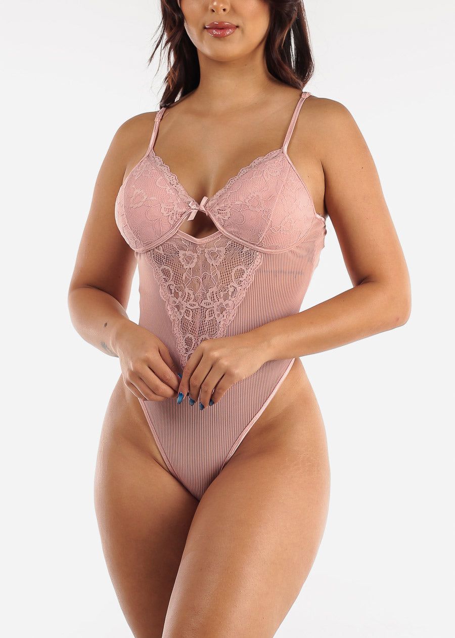 Pink Sleeveless Stripe Mesh & Lace Thong Bodysuit sold by Moda product image thumbnail 2