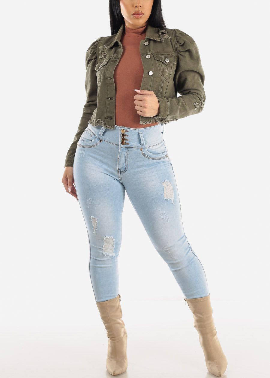 Puff Sleeve Distressed Cropped Denim Jacket Olive sold by Moda product image thumbnail 4