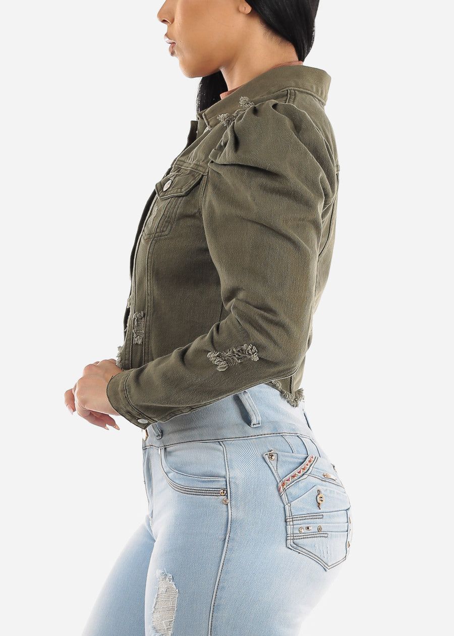 Puff Sleeve Distressed Cropped Denim Jacket Olive sold by Moda product image thumbnail 5