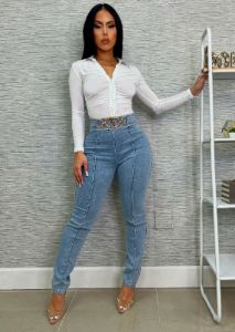High Waist Denim Stretch Skinny Pants Acid Wash sold by Moda