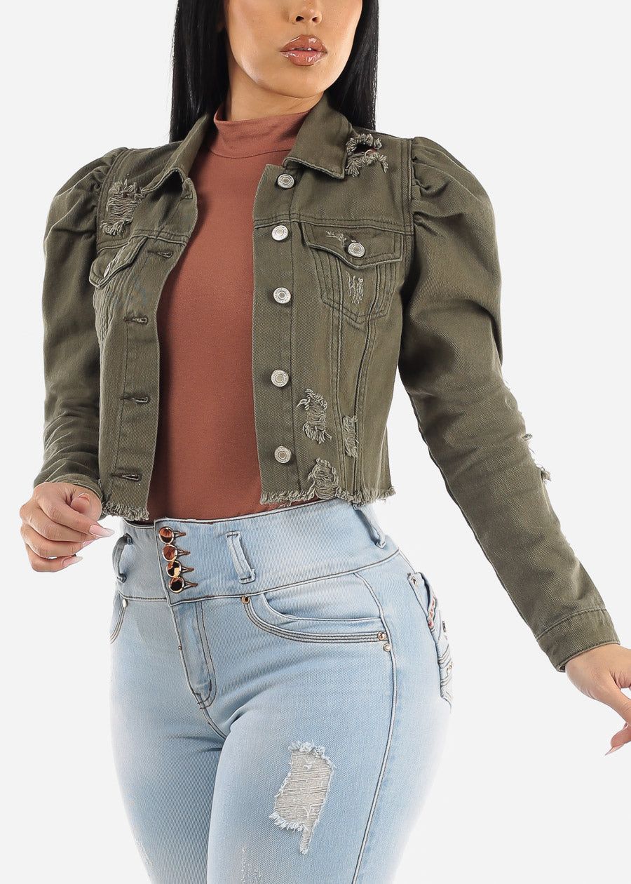Puff Sleeve Distressed Cropped Denim Jacket Olive sold by Moda product image thumbnail 3