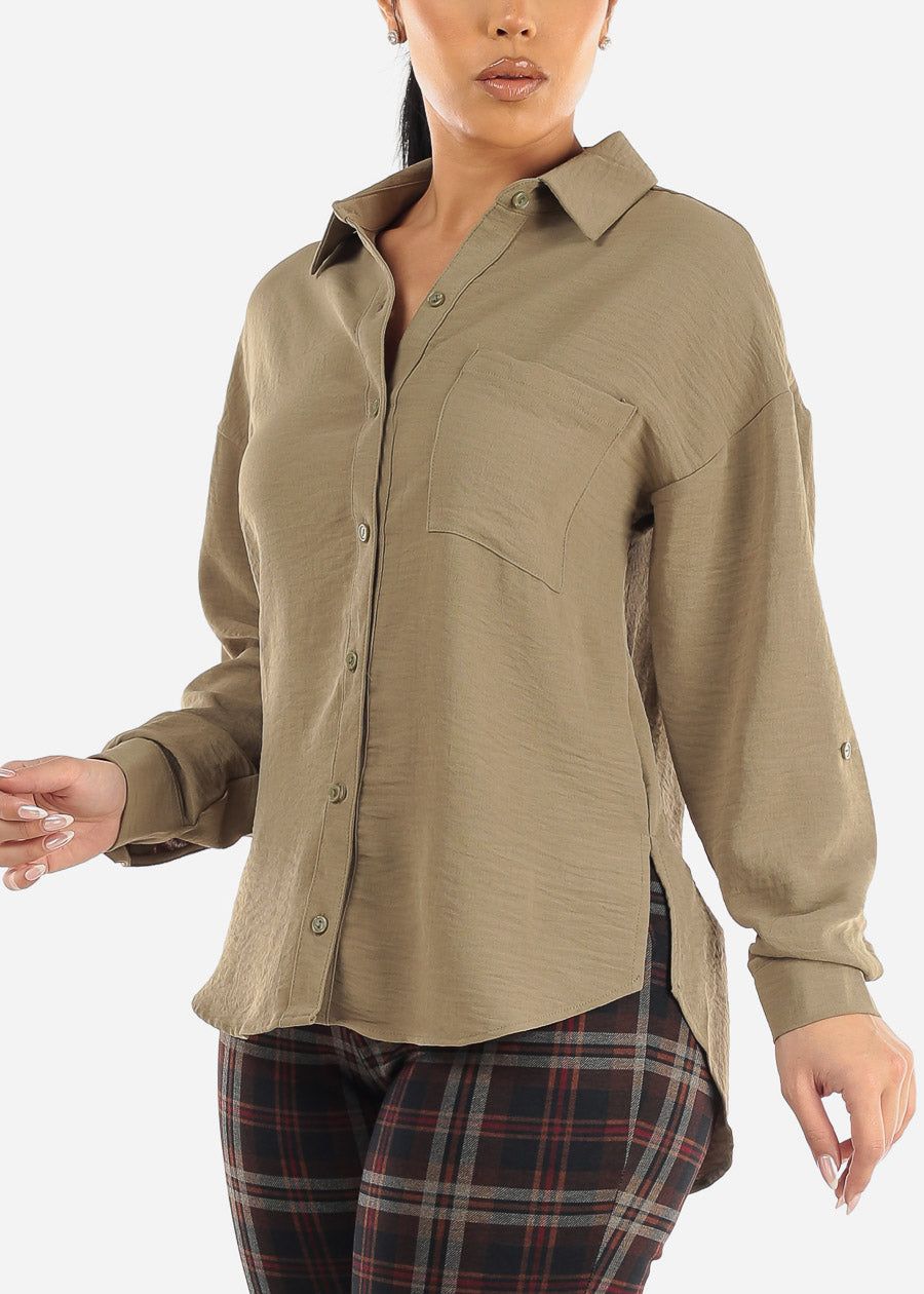 Long Sleeve Relaxed Fit Collared Blouse Olive sold by Moda