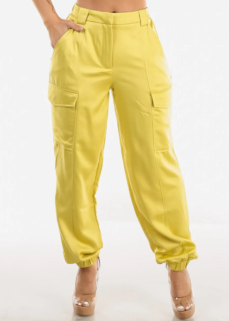 High Waist Satin Cargo Jogger Pants Mustard sold by Moda