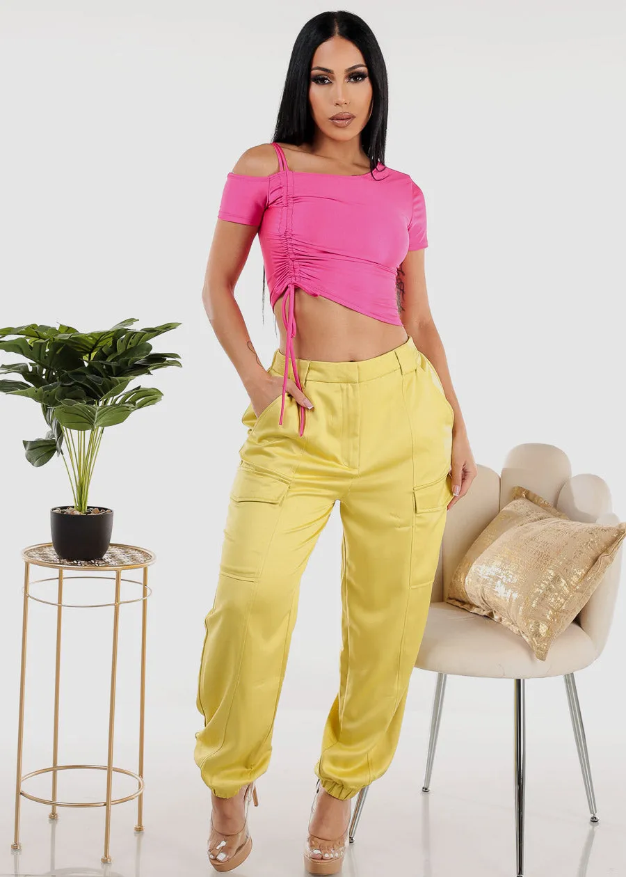 High Waist Satin Cargo Jogger Pants Mustard sold by Moda product image thumbnail 2